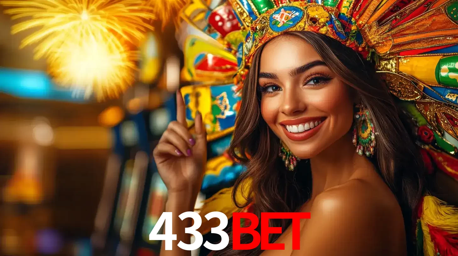Mulher sorridente com um cocar de carnaval vibrante e colorido, celebrando uma grande vitória nos jogos do cassino 433bet com fogos de artifício ao fundo.