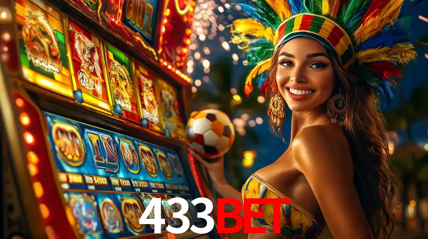 Mulher com um cocar de carnaval ao lado de uma máquina de caça-níqueis enquanto segura uma bola de futebol, mostrando a união da diversão de cassino e esportes no 433bet.
