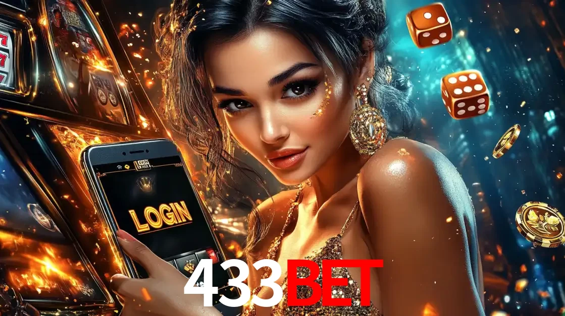 Mulher glamourosa segurando um celular com a tela de login do cassino 433bet, rodeada por dados e moedas douradas, pronta para começar a diversão.