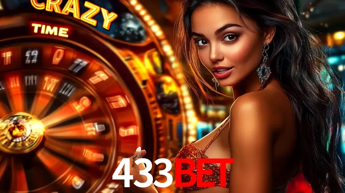Mulher ao lado da roda de prêmios do jogo de cassino ao vivo Crazy Time, um dos shows de jogos mais emocionantes oferecidos pela plataforma de apostas 433bet.
