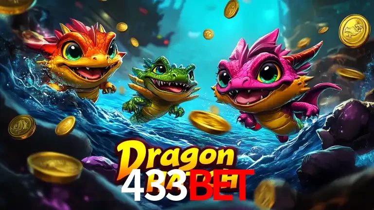 Arte promocional do jogo Dragon Hatch com três adoráveis dragões bebês nadando entre moedas de ouro, um dos slots mais divertidos para jogar no cassino 433bet.