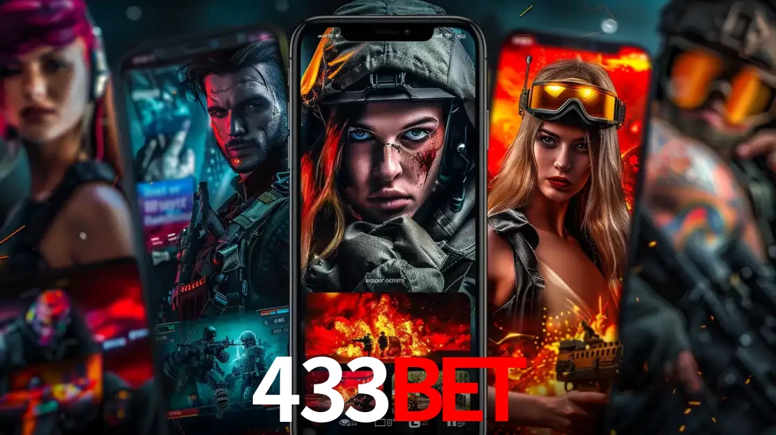 Montagem de telas de celular mostrando diversos personagens, masculinos e femininos, de um jogo de tiro, ilustrando a diversidade de equipes de e-sports para apostar no 433bet.