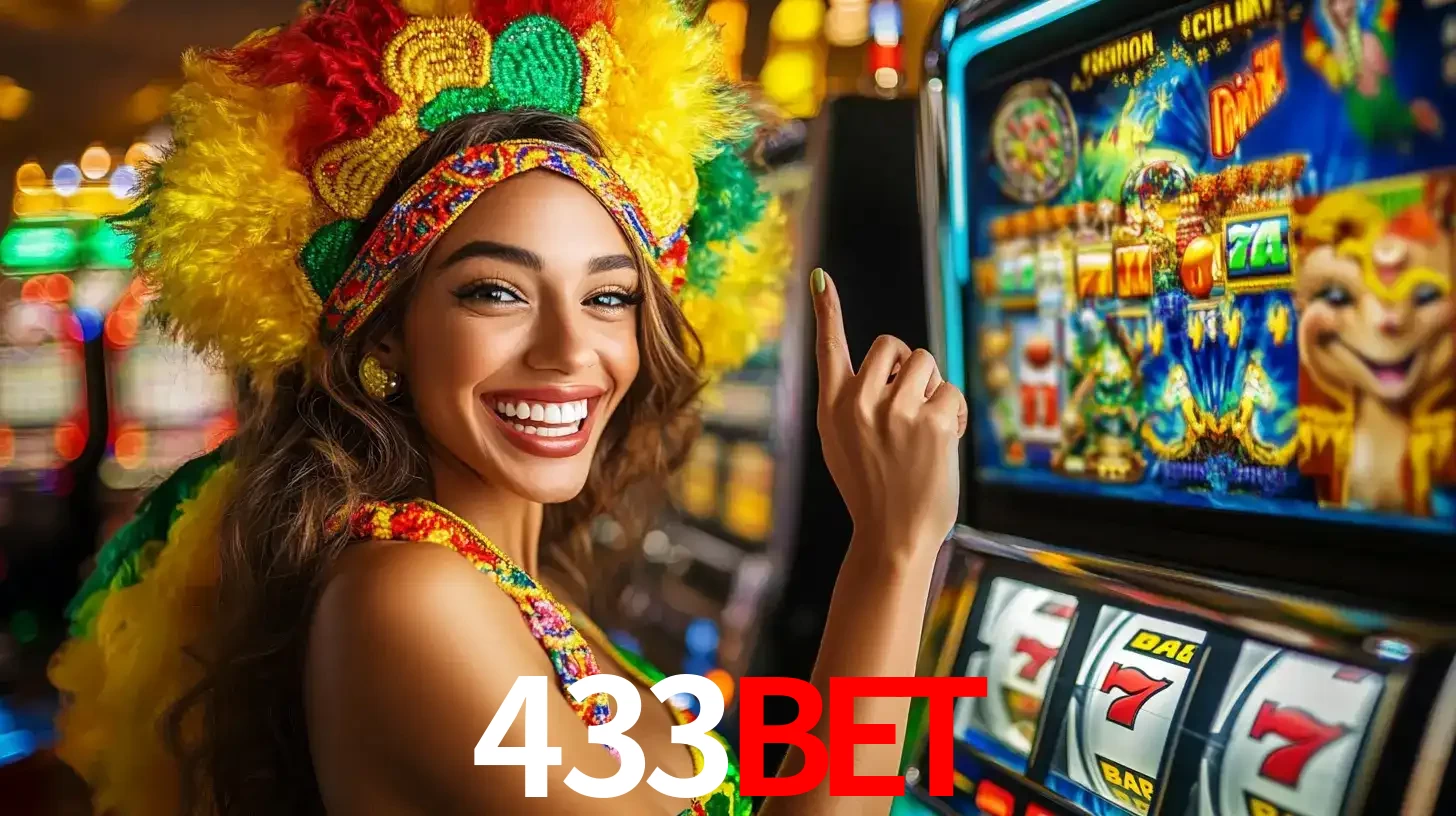 Mulher animada com um cocar de carnaval apontando para uma máquina de caça-níqueis, mostrando a emoção de ganhar um grande prêmio nos jogos do 433bet.