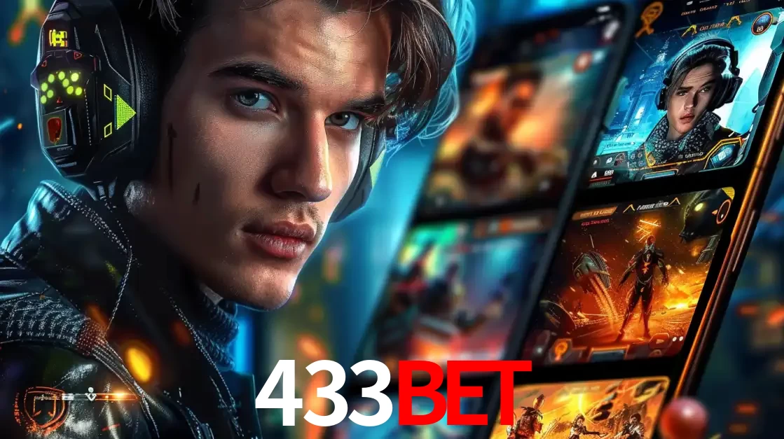 Jovem jogador com fones de ouvido olhando para a câmera, com um aplicativo de jogos e e-sports para celular ao fundo, pronto para a competição e apostas no 433bet.