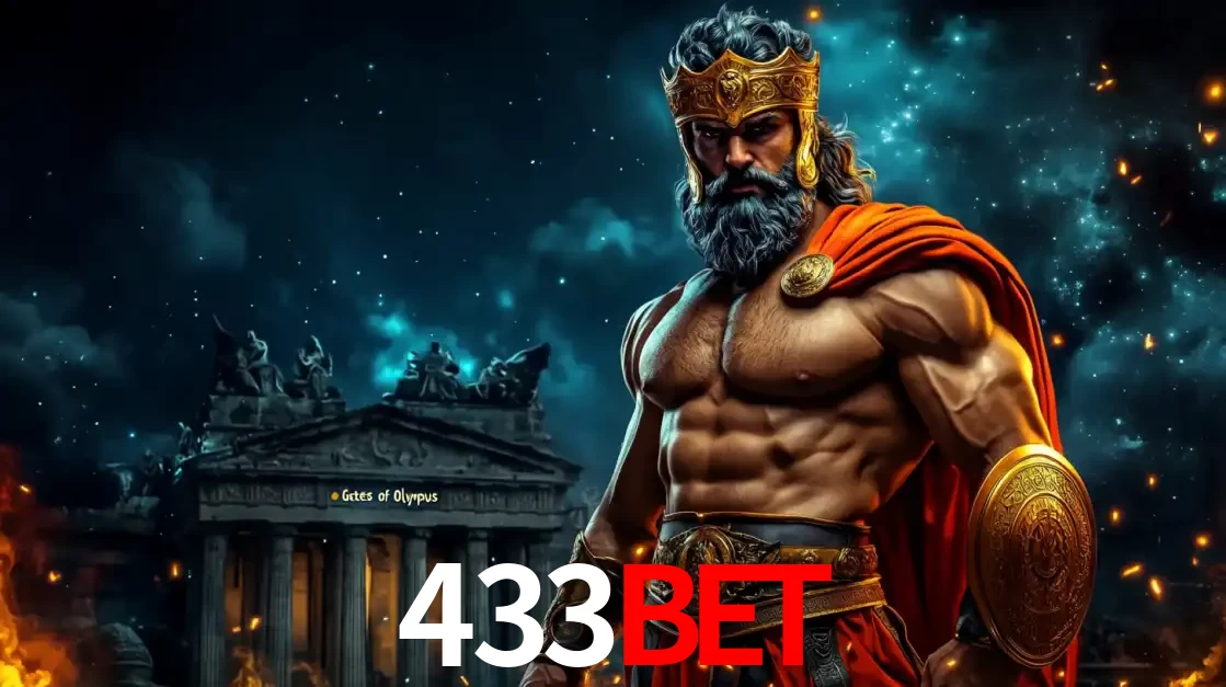O poderoso Zeus do jogo de slot Gates of Olympus em frente ao seu templo, pronto para lançar multiplicadores divinos e prêmios épicos no cassino online 433bet.