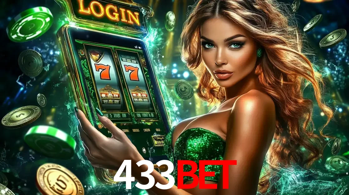 Mulher com tema verde apresentando o aplicativo do cassino 433bet com um jogo de slot de 777, cercada por fichas de cassino e uma aura de sorte.
