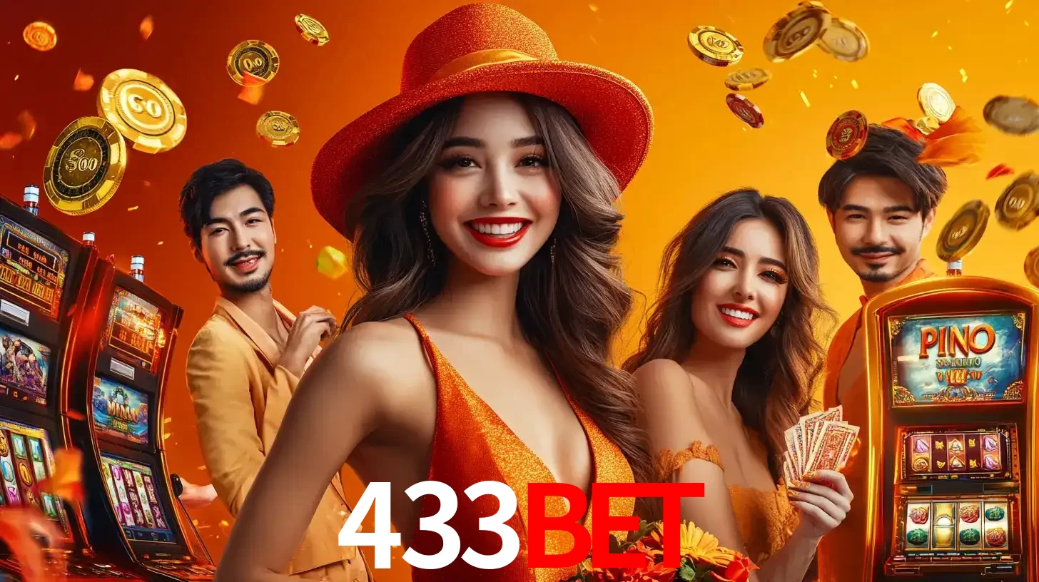 Grupo de amigos asiáticos sorrindo e se divertindo com máquinas de caça-níqueis em um ambiente festivo, celebrando suas vitórias nos jogos de cassino do 433bet.