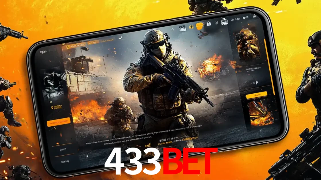 Um smartphone exibindo a interface de um jogo de tiro em primeira pessoa, com um soldado em um cenário de batalha, representando a ação dos e-sports para apostar no 433bet.