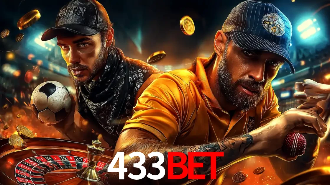 Montagem de apostas esportivas e cassino no 433bet, com um homem segurando uma bola de futebol e outro uma de beisebol sobre uma roleta e moedas voadoras.
