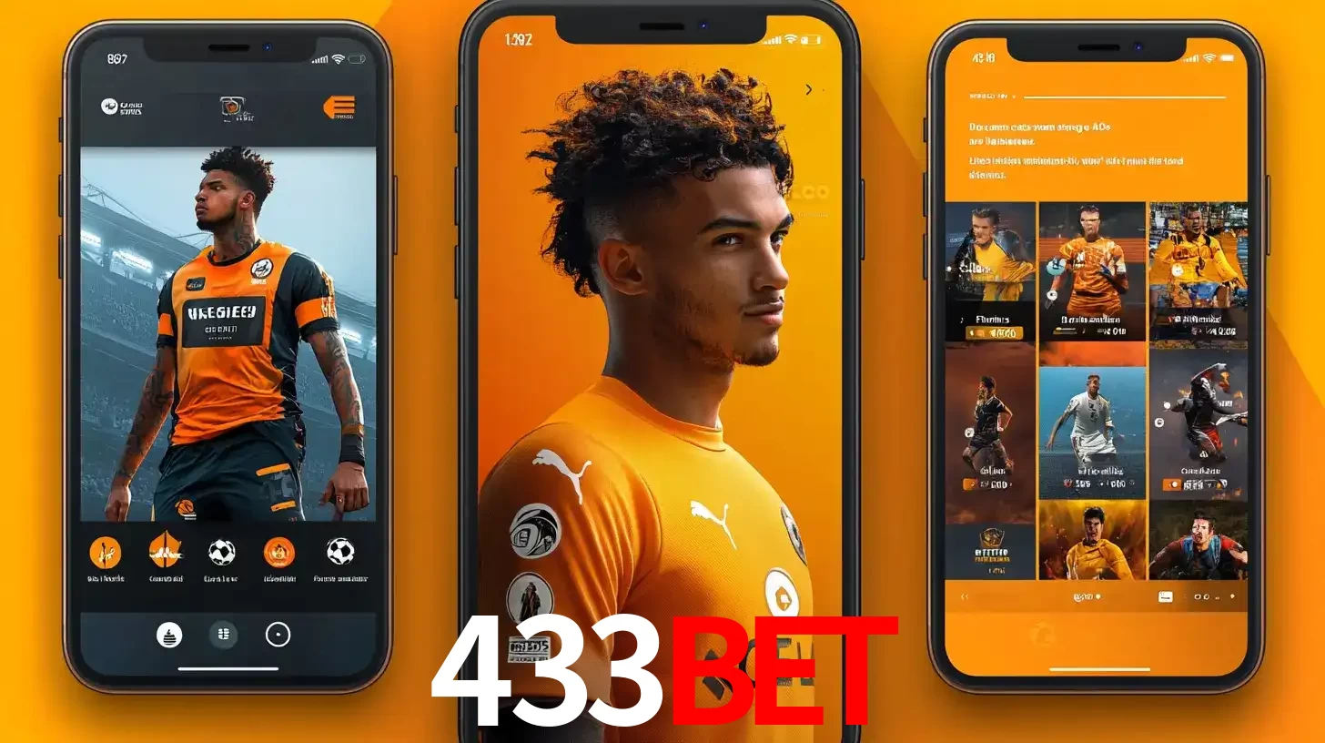 Interface do aplicativo de apostas esportivas 433bet em três telas de celular, mostrando o perfil de um jogador de futebol e a lista de jogos disponíveis para apostar.
