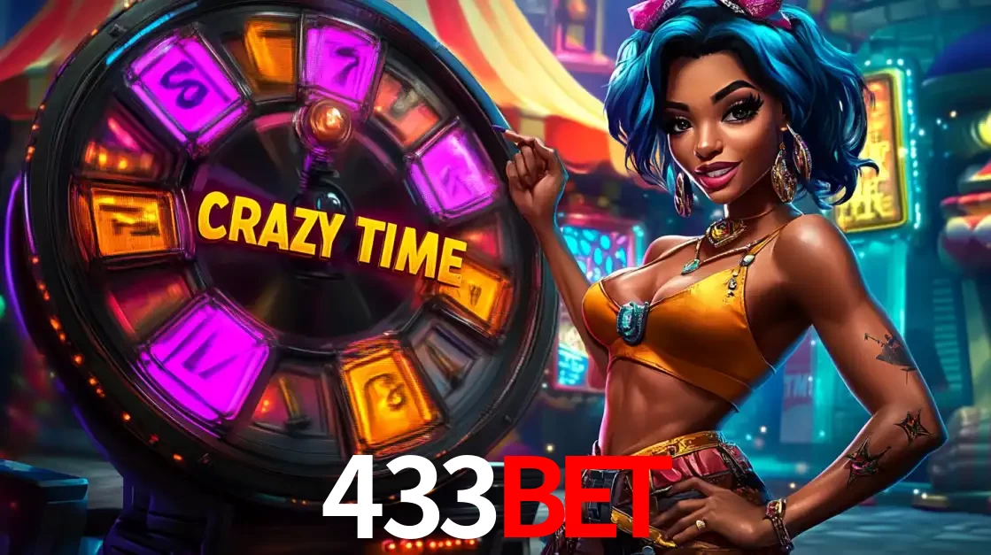 Mulher estilizada com cabelo azul e visual vibrante posando ao lado da roda de prêmios do game show Crazy Time, convidando para a diversão e os bônus do cassino 433bet.