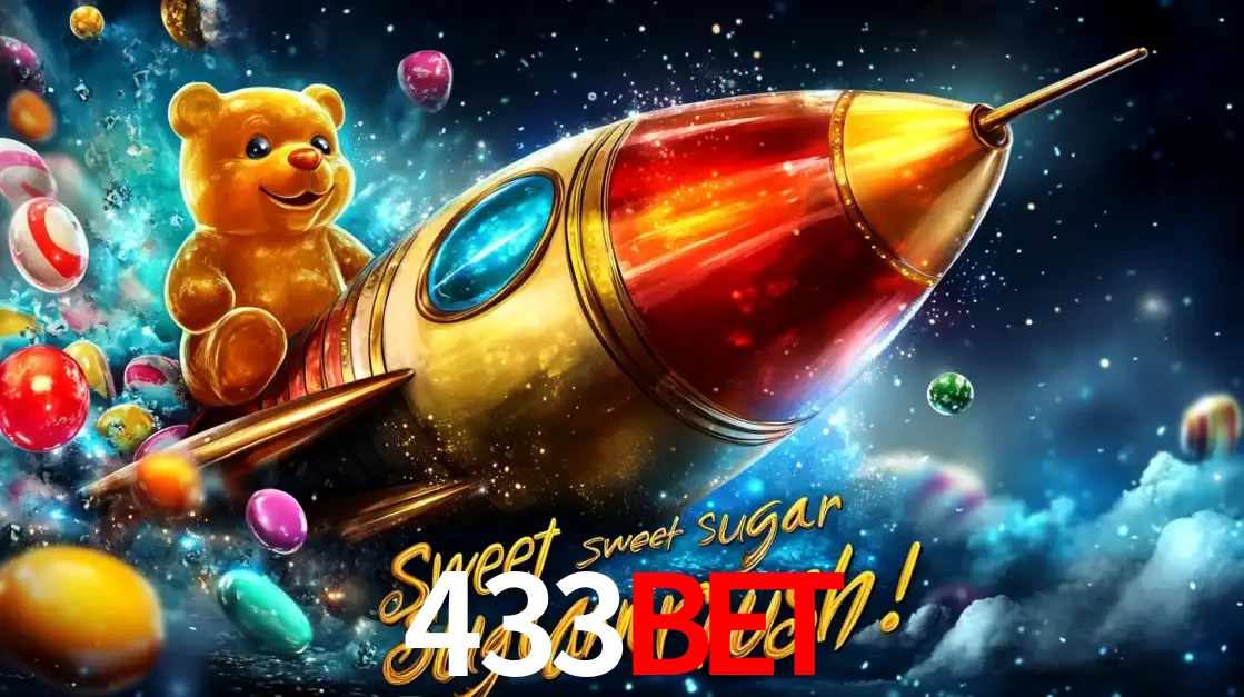Arte promocional do jogo de slot Sugar Rush, com um urso de pelúcia em um foguete viajando pelo espaço de doces, um dos jogos divertidos disponíveis no cassino 433bet.