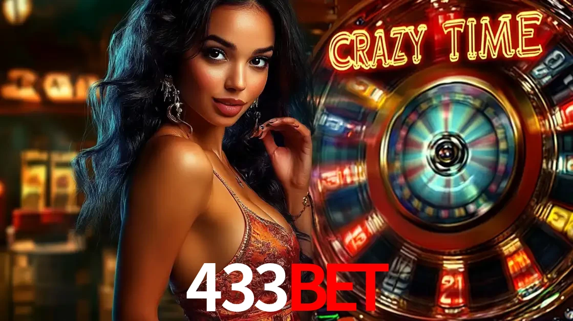 Mulher elegante ao lado da vibrante roda da fortuna do jogo de cassino ao vivo Crazy Time, um dos game shows mais populares e cheios de prêmios do 433bet.