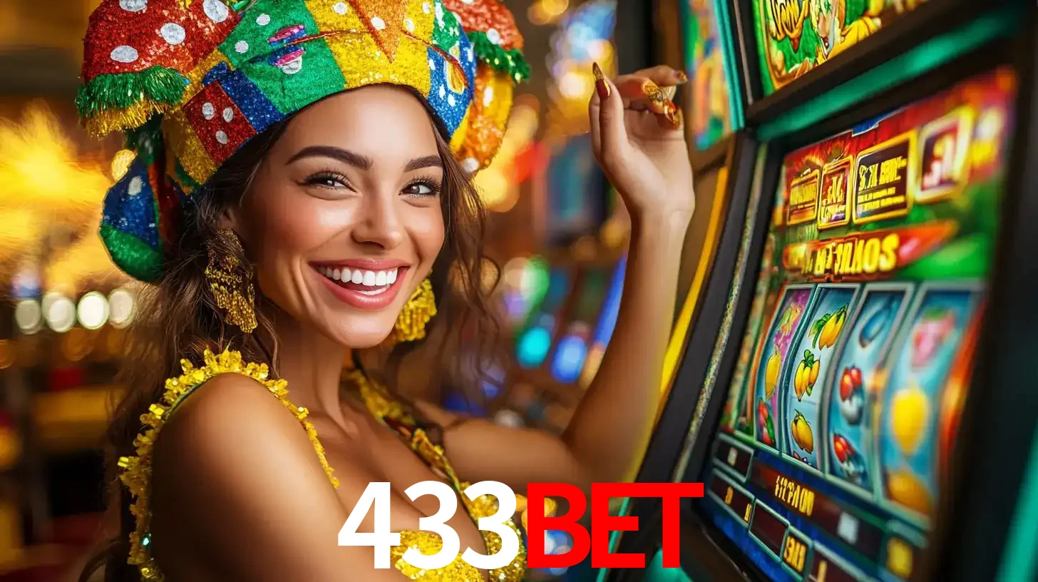 Mulher feliz com traje de carnaval amarelo e colorido ao lado de uma máquina de caça-níqueis, aproveitando a diversão e os jogos temáticos do cassino 433bet.