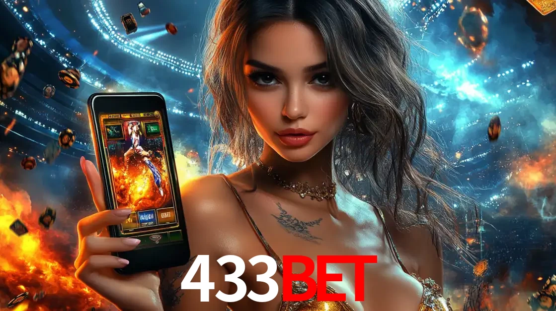 Mulher segurando um celular com um jogo de slot em destaque, tendo como fundo um estádio vibrante, simbolizando a emoção de jogar no cassino móvel 433bet.