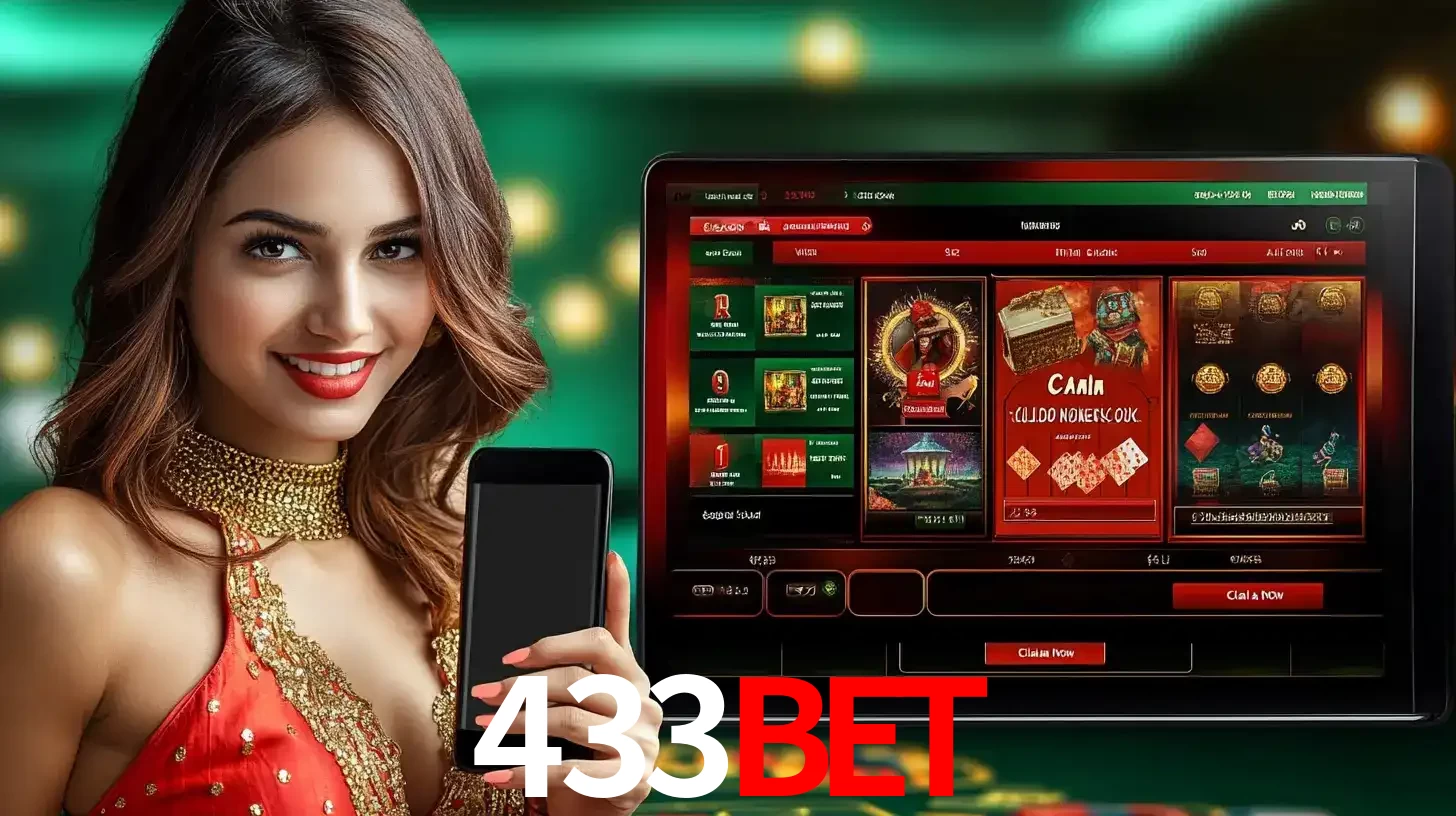 Mulher sorridente segurando um smartphone, ao lado de uma tela exibindo o lobby de jogos do cassino online 433bet, com várias opções de jogos de cartas e slots.